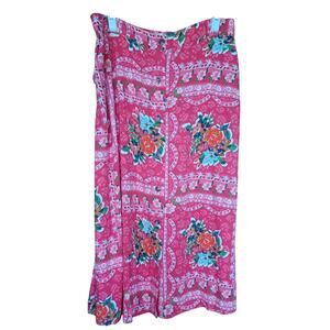 Lauren Conrad Red Floral Midi Skirt Linen Blend Women's 14 Elastic Waist Fairy
